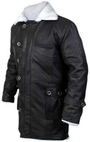 Tom Dark Knight Rises Bane Fur Shearling Black Trench Leather Jacket Pea Coat