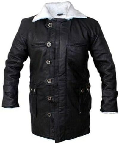 Tom Dark Knight Rises Bane Fur Shearling Black Trench Leather Jacket Pea Coat