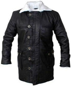 Tom Dark Knight Rises Bane Fur Shearling Black Trench Leather Jacket Pea Coat
