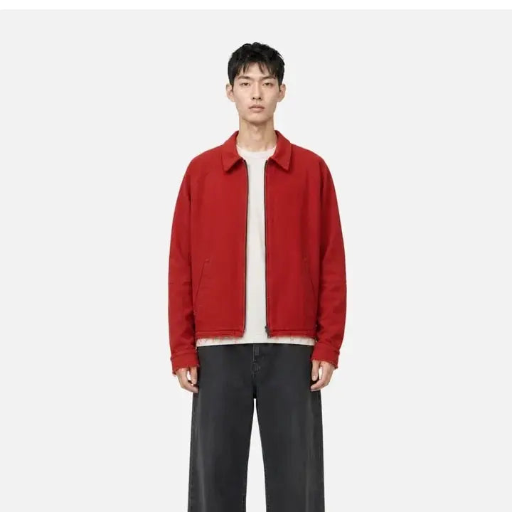 ANCELLM Shrink Wool Zip-Up Red Shirt Jacket