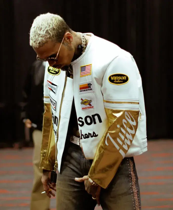 Chris Brown X Vanson Leathers White and Gold Jacket