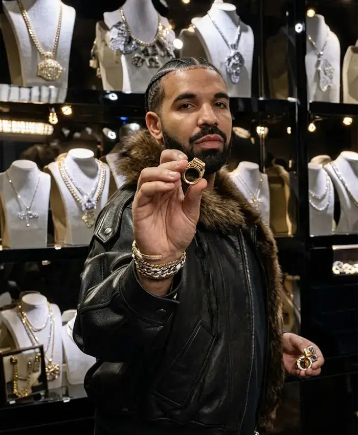 Drake Show Off Jewelry Room Shearling Black Leather Jacket