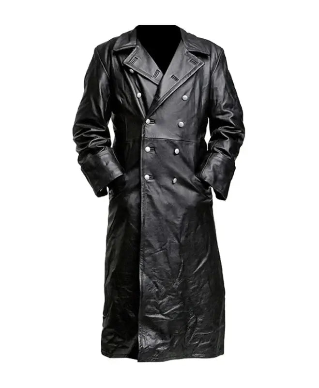 German WW2 Military Uniform Black Leather Trench Coat