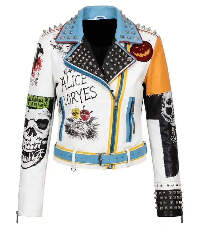 Gothic Printed Patches Women’s Leather Biker Jacket