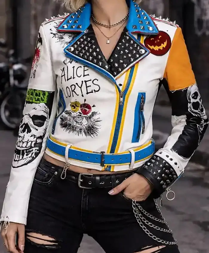 Gothic Printed Patches Women’s Leather Jacket