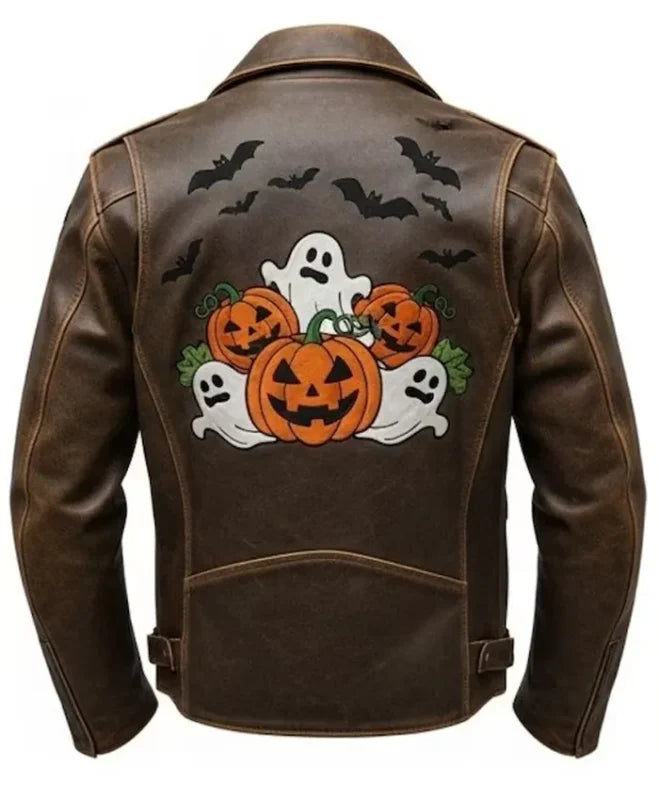 Halloween Distressed Brown Patches Brown Leather Jacket
