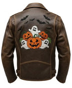 Halloween Distressed Brown Patches Brown Leather Jacket