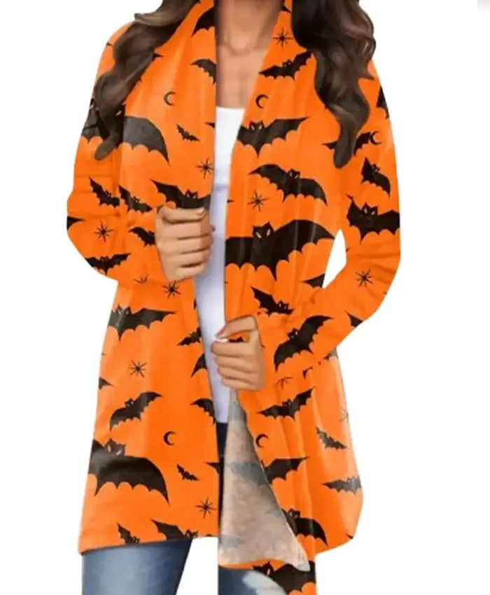 Halloween Bat Print Orange Coat