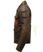 Halloween Distressed Brown Patches Brown Leather Jacket For Men & Women