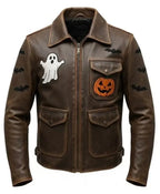 Halloween Distressed Brown Patches Leather Jacket