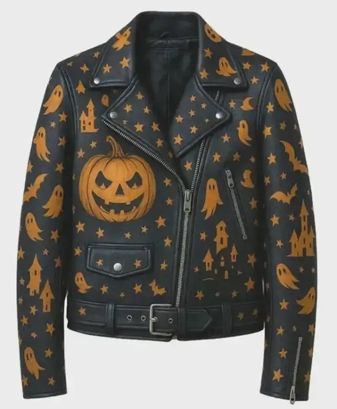 Halloween Ghost And Pumpkin Black Leather Jacket