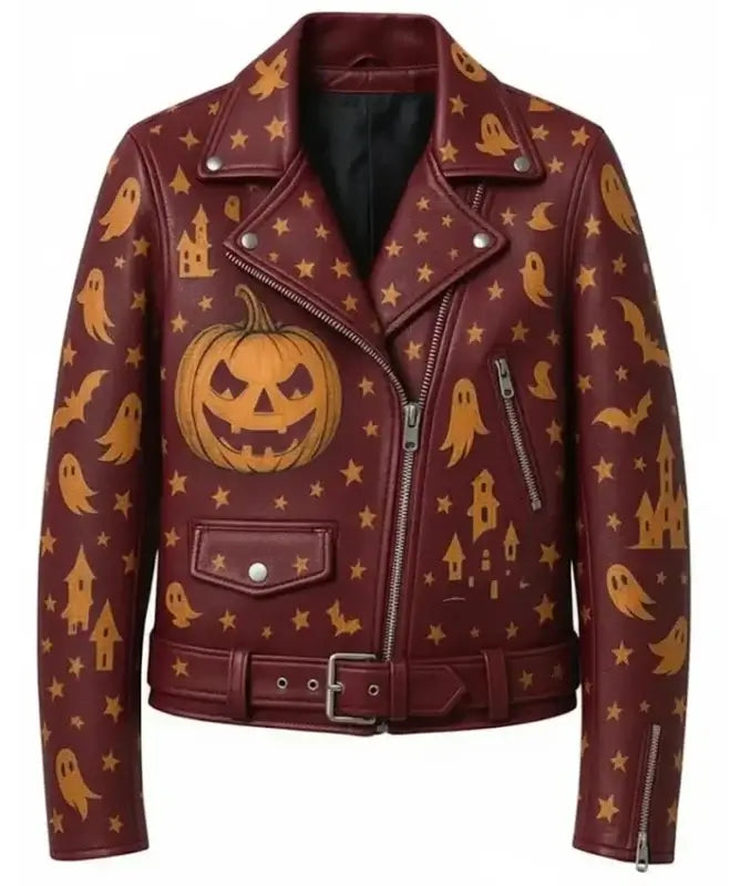 Halloween Ghost And Pumpkin Maroon Leather Jacket