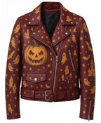 Halloween Ghost And Pumpkin Maroon Leather Jacket