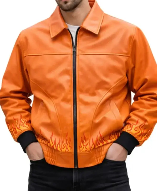 Halloween Ghost Flame Leather Bomber Jacket