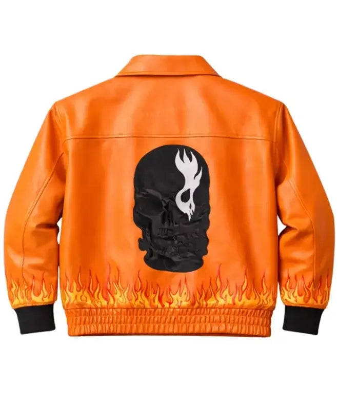 Halloween Ghost Flame Orange Leather Bomber Jacket