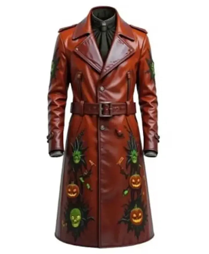 Halloween Gothic Pumpkin Brown Leather Long Coat