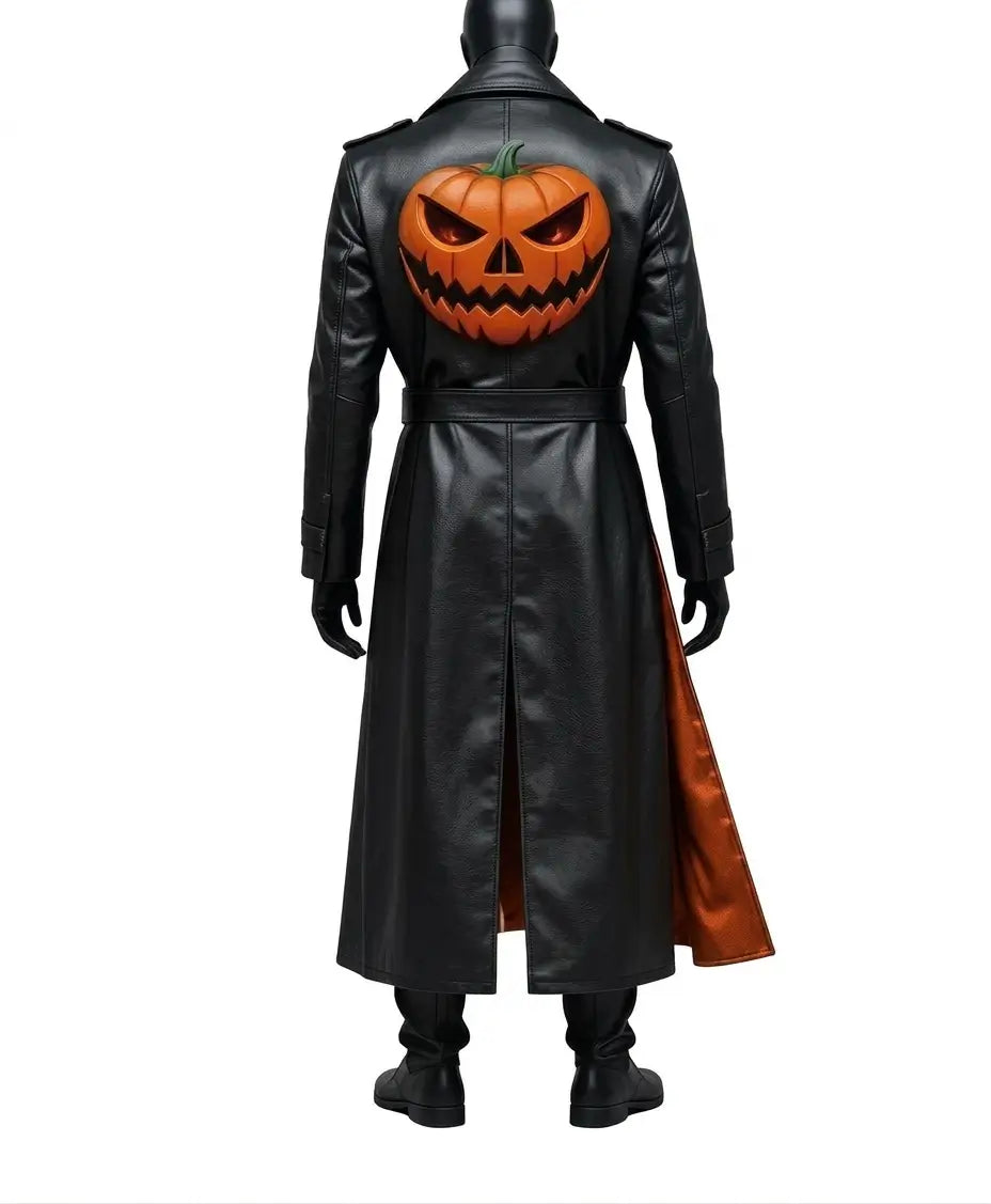 Halloween Jack-o’-lantern Black Leather Long Coat