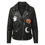 Halloween Patches Black Leather Jacket