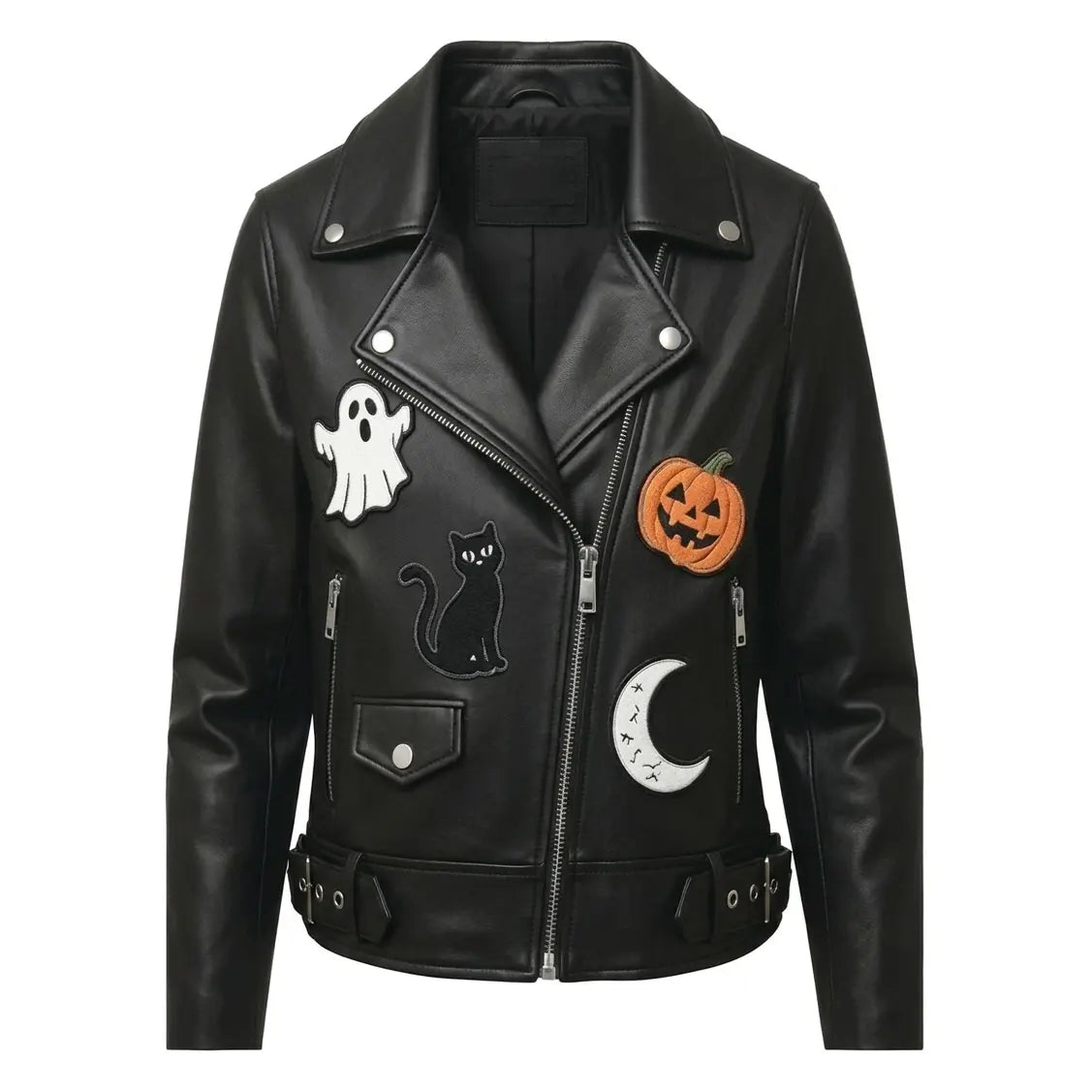Halloween Patches Black Leather Jacket