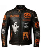 Halloween Spooky Patches Black Biker Leather Jacket