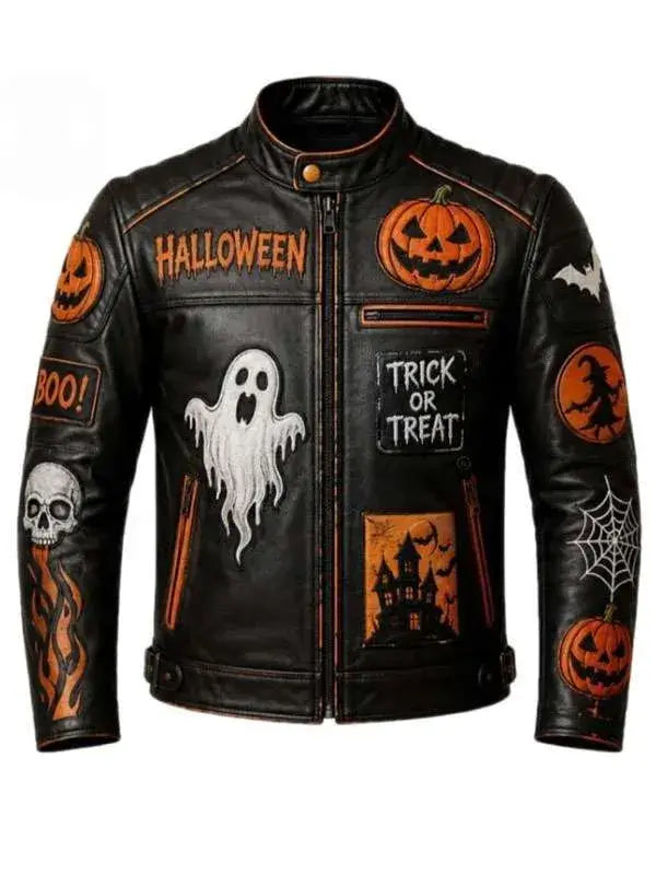 Halloween Spooky Patches Black Biker Leather Jacket
