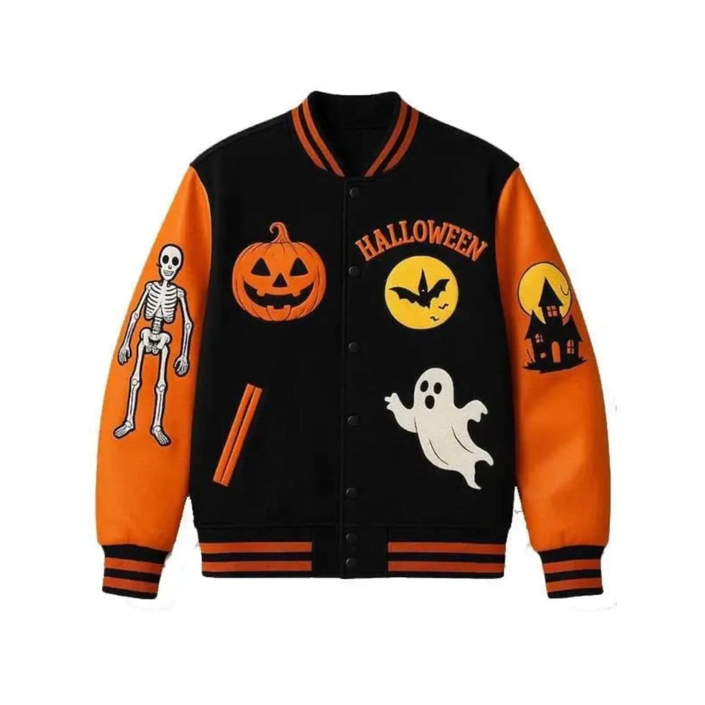Halloween Spooky Pumpkin Graphic Varsity Black | Orange Jacket