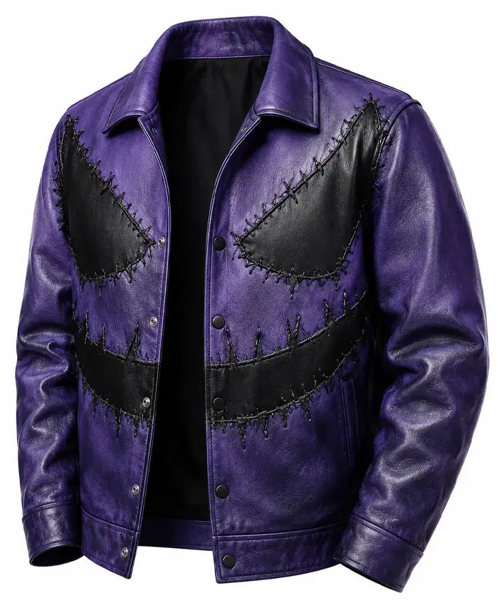 Halloween Stitched Pumpkin Leather Purple Jacket