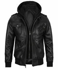 Hooded Black Bomber Leather Jacket