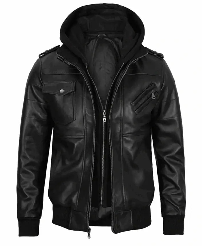 Hooded Black Bomber Leather Jacket