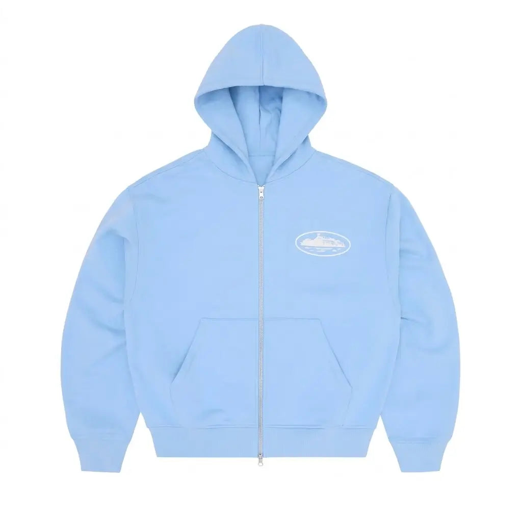 Island Puff Print Zipper Blue Hoodie