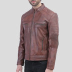 Men's Waxed Cafe Racer Leather Jacket in Cognac