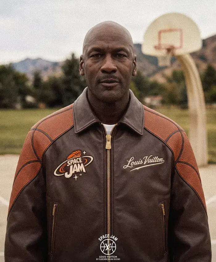Michael Jordan Space Jam × Louis Vuitton Brown Leather Bomber Jacket For Men & Women