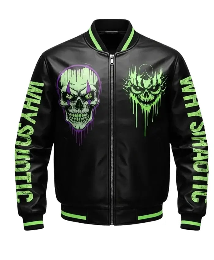 Neon Skull Punk Leather Varsity Jacket