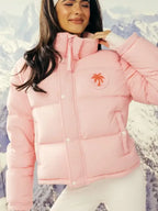 Pink Palm White Hooded Puffer Jacket