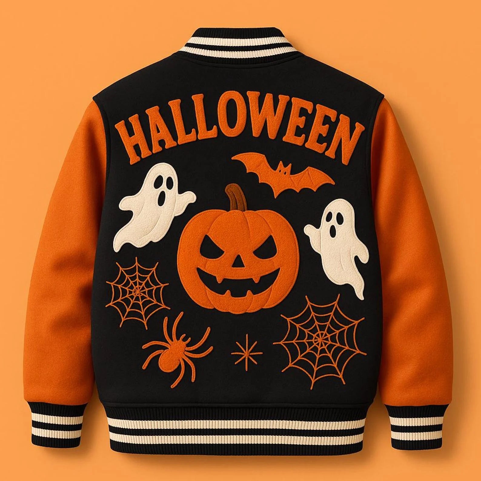 Pumpkin Ghost Spooky Halloween Varsity Black Jacket
