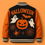 Pumpkin Ghost Spooky Halloween Varsity Black Jacket