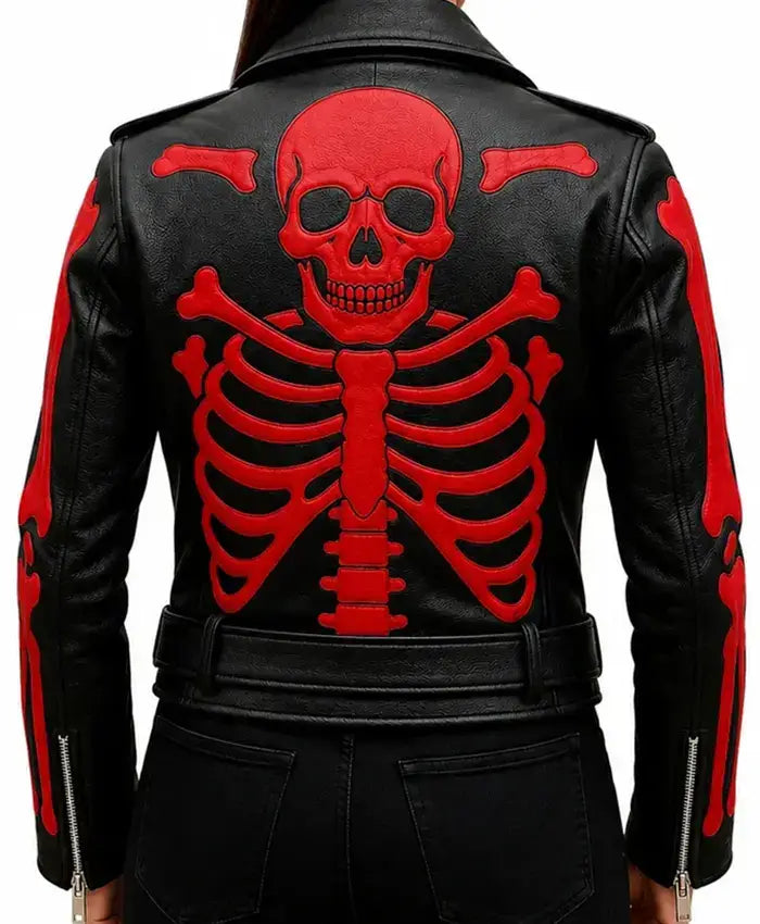 Red Skeleton Bones Leather Biker Jacket