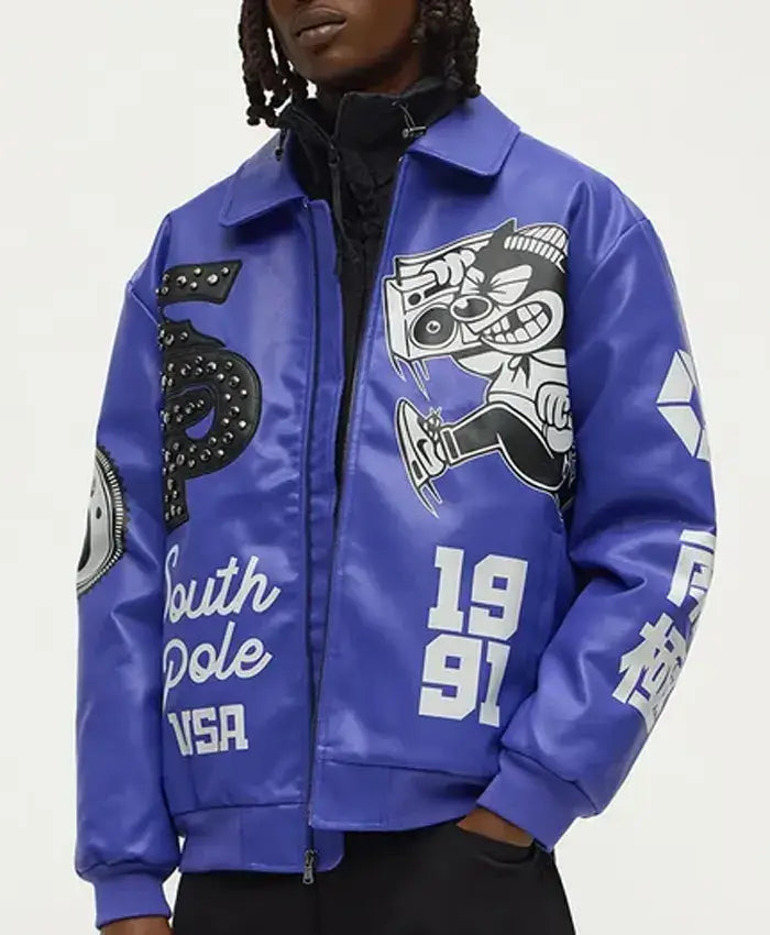 Southpole Midnight Riot Royal Leather Bomber Jacket