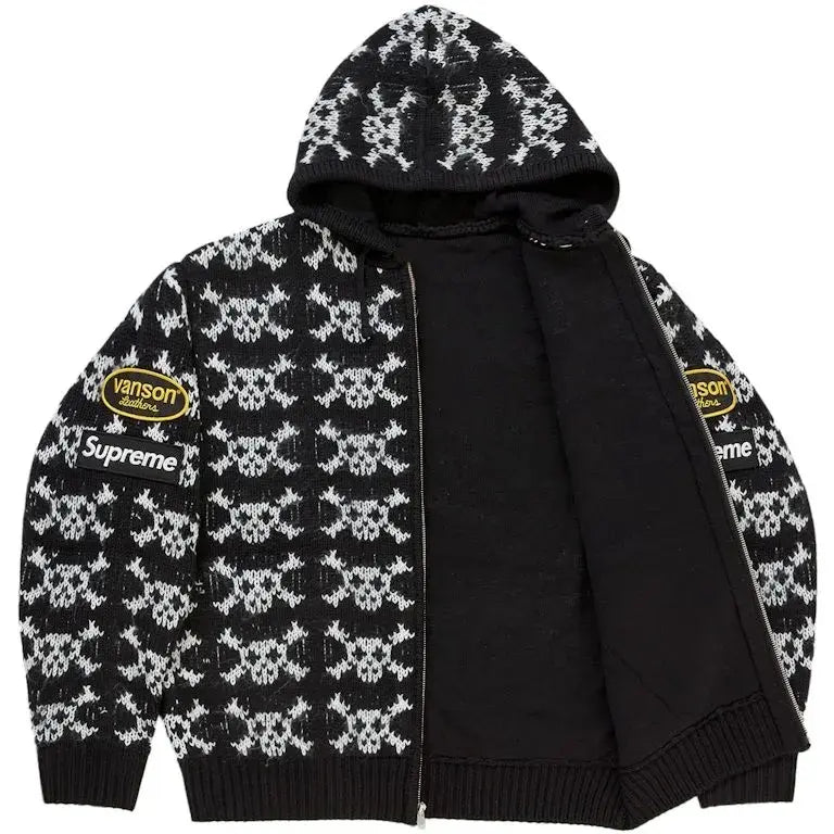 Supreme Vanson Leathers Skull Zip Up  Black Hooded Sweater