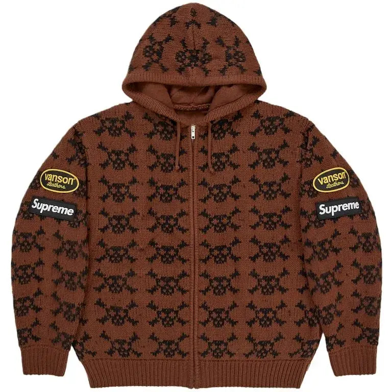 Supreme Vanson Leathers Skull Zip Up  Hooded Brown Sweater