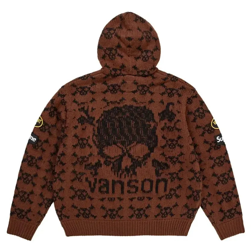 Supreme Vanson Leathers Skull Zip Up  Hooded Brown Sweater For Men & Women