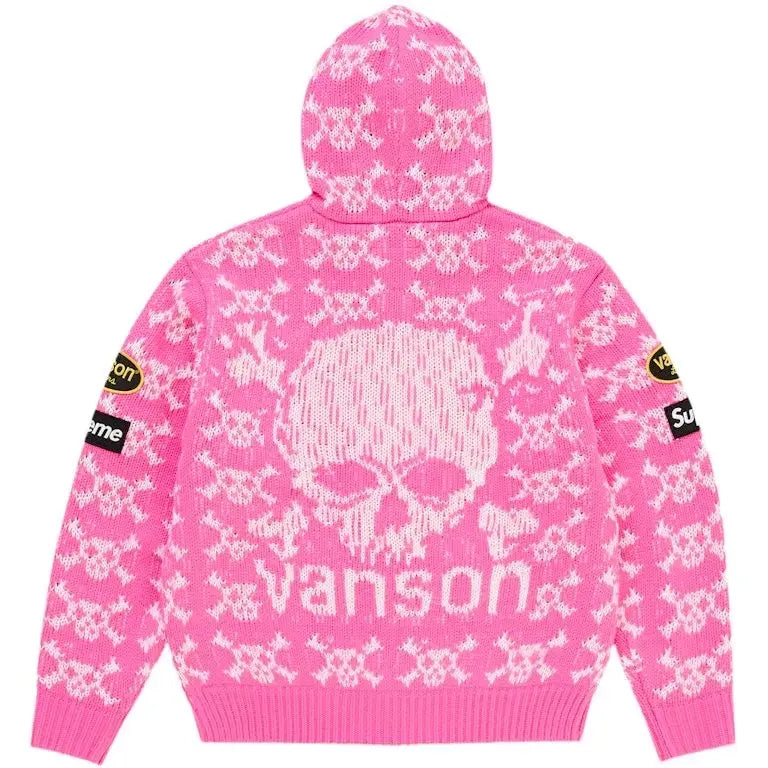 Supreme Vanson Leathers Skull Zip Up  Hooded Pink Sweater