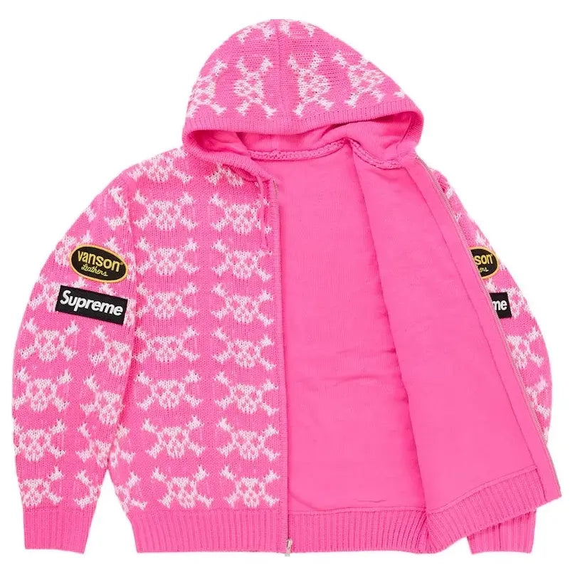 Supreme Vanson Leathers Skull Zip Up  Pink Hooded Sweater