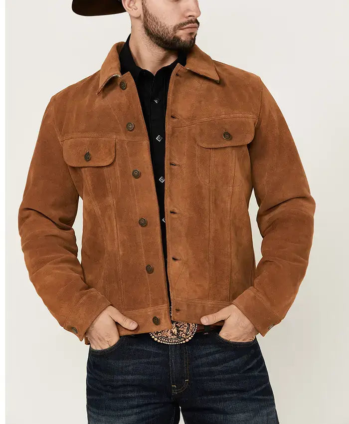 Trucker Style Men’s Suede Leather Brown Jacket