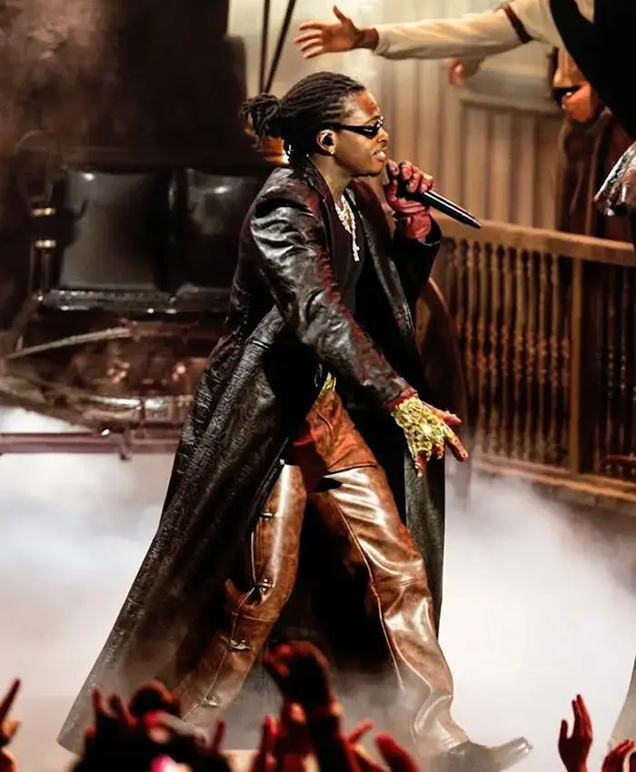 VMAs Gunna 2026 Stage Performance Brown Leather Coat For Men & Women