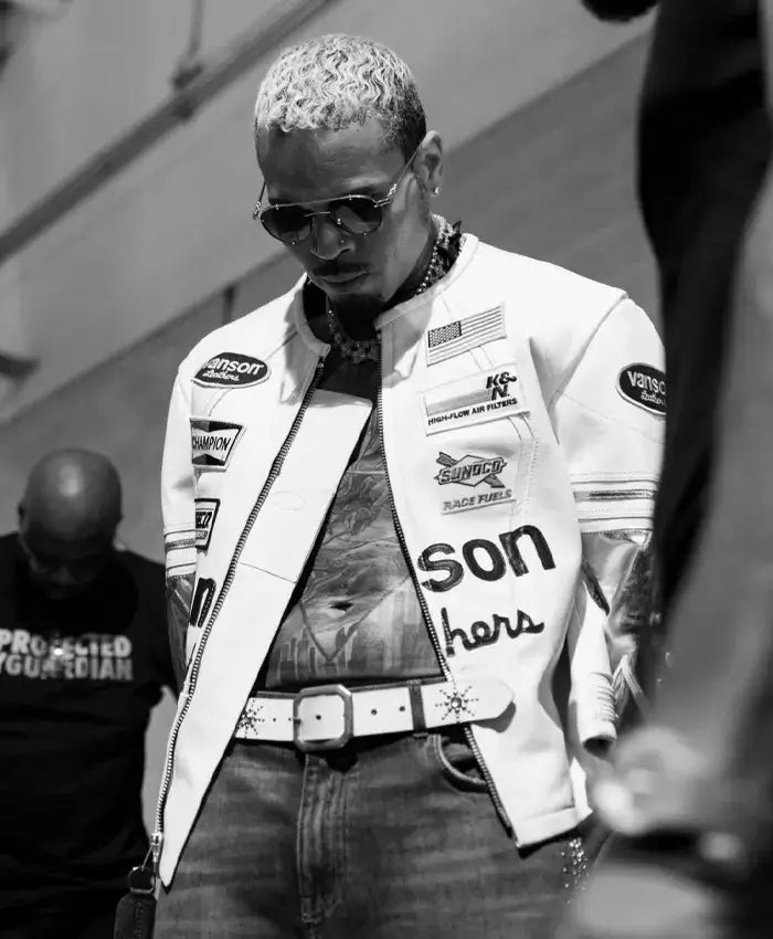 Vanson Leathers X Chris Brown White and Gold Jacket
