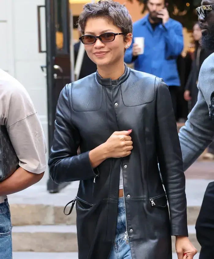 Zendaya Paris Black Leather Trench Coat