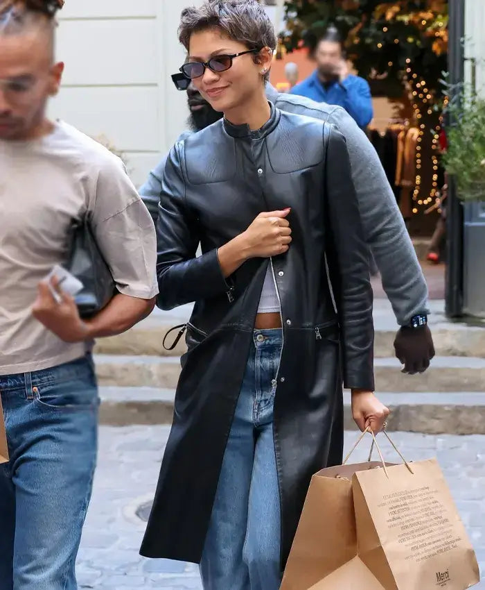 Zendaya Paris Black Leather Trench Coat For Women