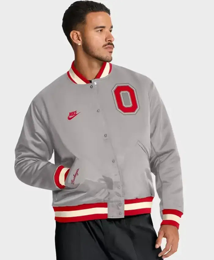 Ohio State Buckeyes Nike Legacy Snap Gray Bomber Jacket