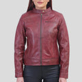 women maroon biker jacket